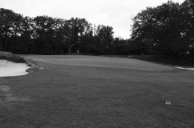 Between the false front and steep back, there's plenty of slope to navigate here at the 16th green.