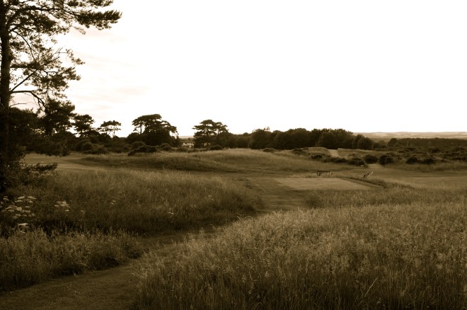 The view from the 18th tee. The ideal line is to the left of the marker post.